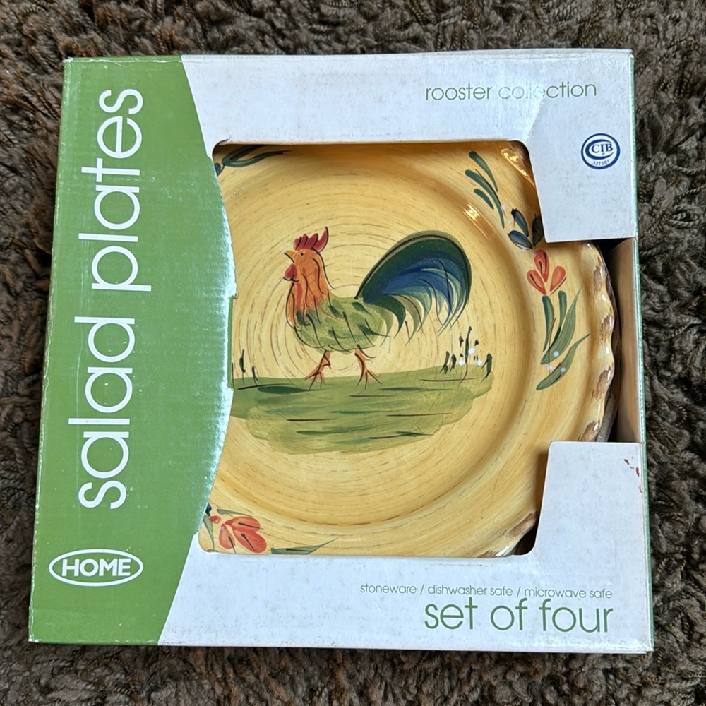 NIB 4 HOME Rooster Collection 8 7/8” Salad Plates. Stoneware. (1 of 3 new boxes)